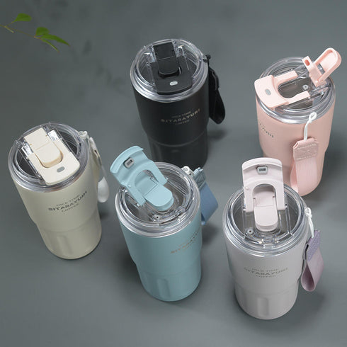 SITARAYURI 600ml Insulated Stainless Steel Travel Coffee Tumbler with Straw & Carrying Strap