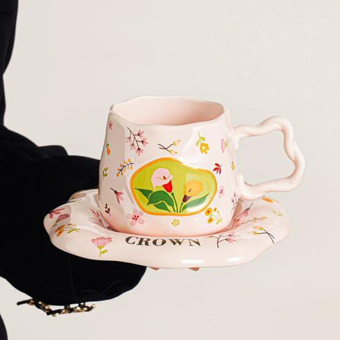 Aesthetic Floral Ceramic Mug & Saucer Set with Gold Spoon