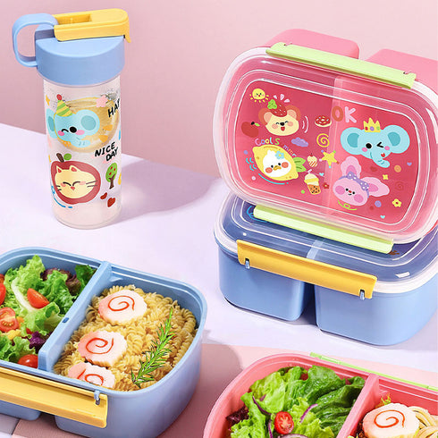 Cute Cartoon Bento Lunch Box with Matching Water Bottle Set | Leak-Proof Kids School Tiffin Box with Spoon