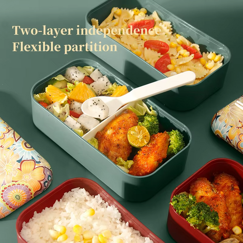 Japanese Bento Box – 2-Tier Stackable Lunch Box with Adjustable Divider, Elastic Strap & Airtight Floral Lid | Leakproof, Microwave Safe Eco-Friendly Food Container (1200ml)
