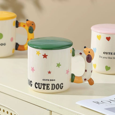 Cute 3D Puppy Ceramic Mug with Lid & 3D Animal Handle – Cartoon Dog Coffee Cup for Animal Lovers