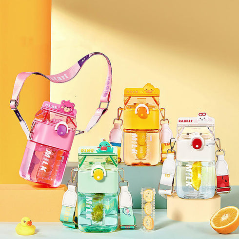 950ml Kawaii Square Water Bottle with Dual Compartments & Fruit Infuser for Kids