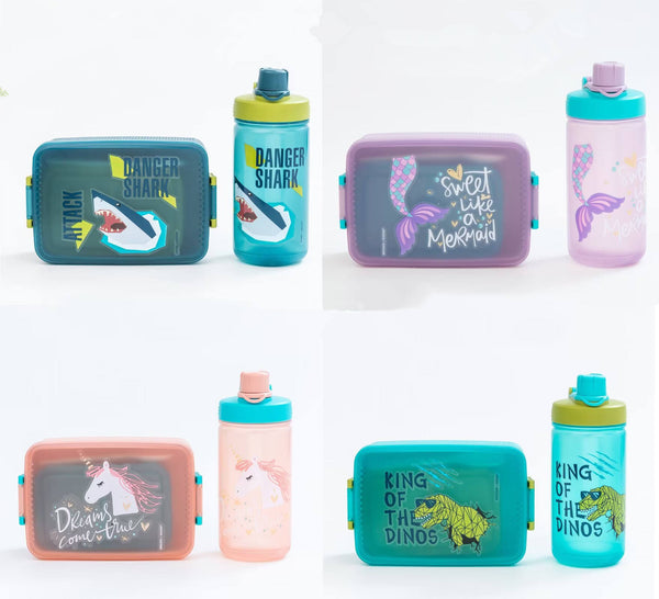 Kids Bento Lunch Box with Matching Water Bottle Set – 2-Compartment Leak-Proof School Tiffin with Spoon & Fork (Shark, Mermaid, Unicorn, T-Rex Designs)