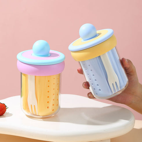 Portable Overnight Oats Container with Fork - 500ml Dual-Layer Salad and Fruit Jar with Leak-Proof Lid for Meal Prep & Travel