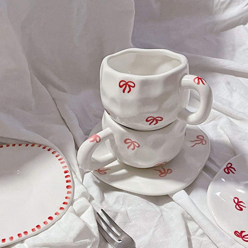 Red Bow Ribbon Ceramic Mug & Saucer