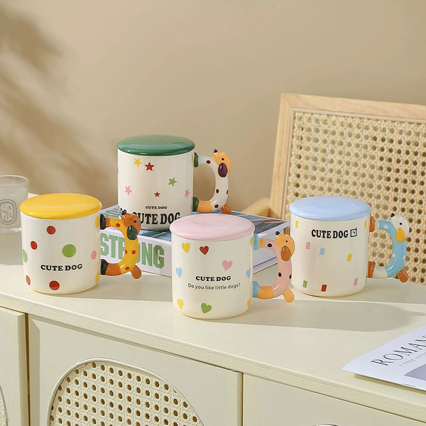 Cute 3D Puppy Ceramic Mug with Lid & 3D Animal Handle – Cartoon Dog Coffee Cup for Animal Lovers