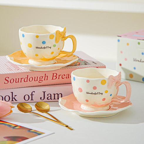 Luxury Pastel Polka Dot Tea Cup Set with Bow Handle – Ceramic Coffee Mug & Saucer Gift Box