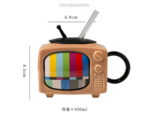 Retro 3D TV Ceramic Mug with Lid & Glass Straw