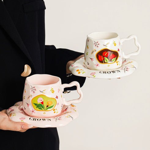 Aesthetic Floral Ceramic Mug & Saucer Set with Gold Spoon