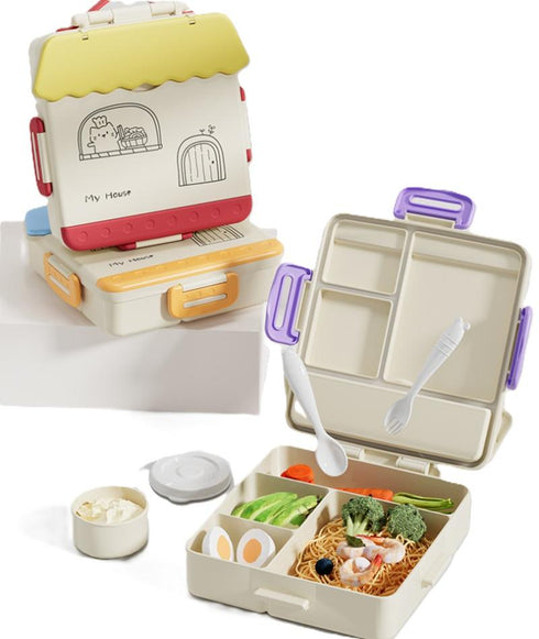 My House" Kids Bento Lunch Box – 4-Compartment Leakproof School Meal Prep Container with Sauce Cup & Utensils (Blue, Yellow, Purple)