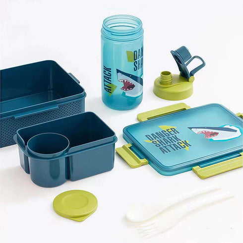 Kids Bento Lunch Box with Matching Water Bottle Set – 2-Compartment Leak-Proof School Tiffin with Spoon & Fork (Shark, Mermaid, Unicorn, T-Rex Designs)