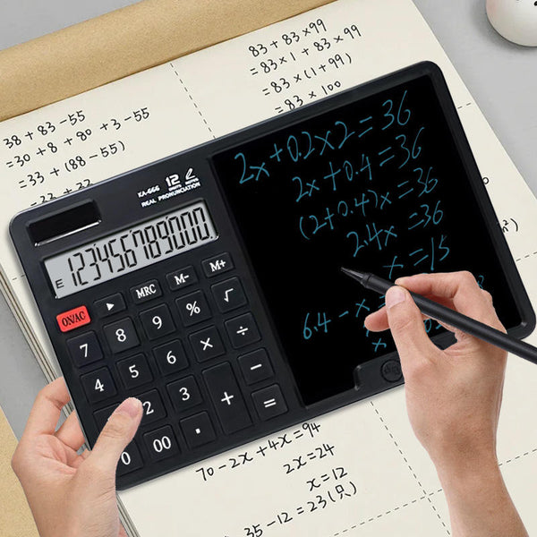2-in-1 Calculator with LCD Writing Tablet | 12-Digit Portable Desktop Calculator with Stylus Pen & One-Click Erase