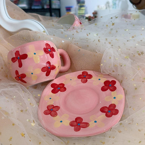 Hand-Painted Irregular Flower Ceramic Coffee Mug and Saucer Set – Pink Floral Aesthetic Tea Cup