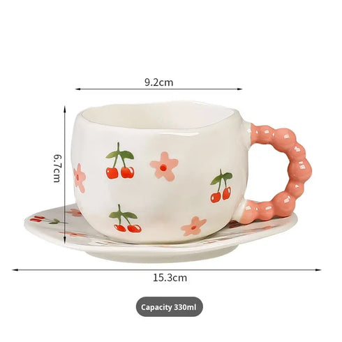 Cherry Spiral Handle Ceramic Mug and Saucer Set