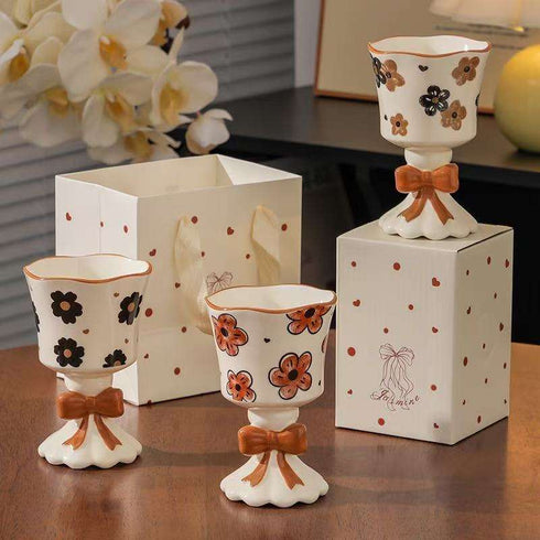 Vintage-Style Floral Ceramic Goblet Cup with 3D Bow Detail