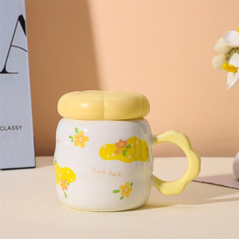 Cute Flower Print Ceramic Mug with Flower-Shaped Lid and Handle | Kawaii Coffee & Tea Cup