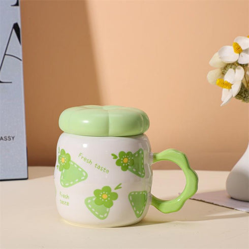 Cute Flower Print Ceramic Mug with Flower-Shaped Lid and Handle | Kawaii Coffee & Tea Cup