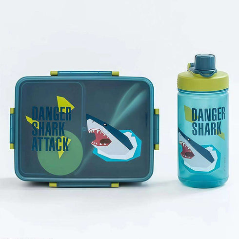 Kids Bento Lunch Box with Matching Water Bottle Set – 2-Compartment Leak-Proof School Tiffin with Spoon & Fork (Shark, Mermaid, Unicorn, T-Rex Designs)