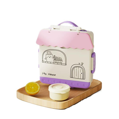My House" Kids Bento Lunch Box – 4-Compartment Leakproof School Meal Prep Container with Sauce Cup & Utensils (Blue, Yellow, Purple)
