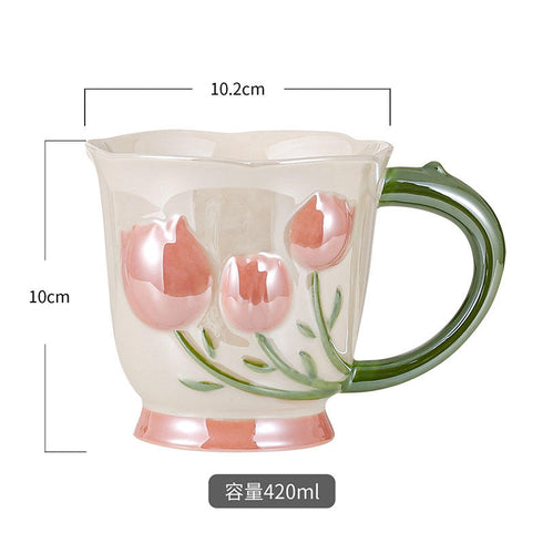3D Relief Tulip Ceramic Coffee Mug – Elegant Hand-Painted Floral Tea Cup with Scalloped Rim