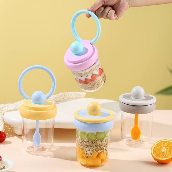 Portable Overnight Oats Jars with Spoon & Handle – 500ml Leakproof Glass Yogurt Parfait Cups
