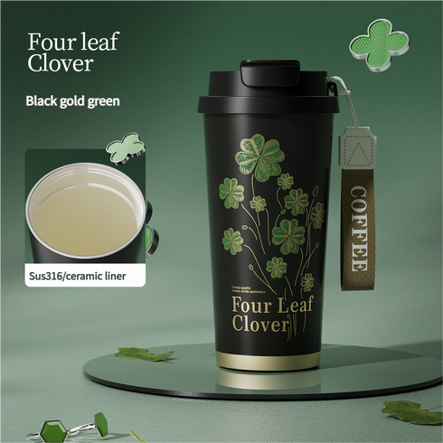 Four-Leaf Clover Insulated Coffee Tumbler – 500ml Stainless Steel Travel Mug with 2-Way Lid, Straw & Strap