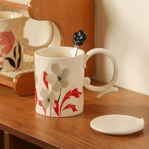 3D Relief Tulip Ceramic Mug Set with Lid and Floral Spoon – Vintage Handmade Coffee Cup