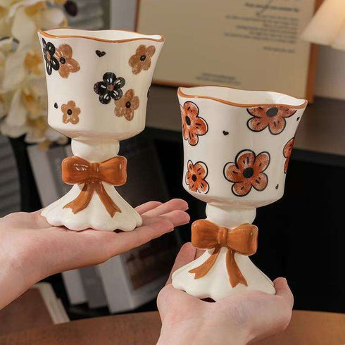 Vintage-Style Floral Ceramic Goblet Cup with 3D Bow Detail