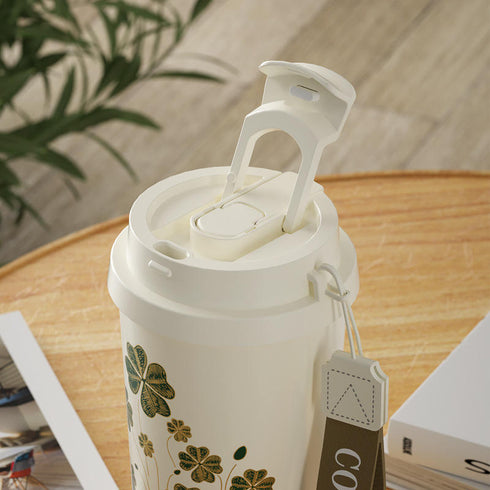 Four-Leaf Clover Insulated Coffee Tumbler – 500ml Stainless Steel Travel Mug with 2-Way Lid, Straw & Strap