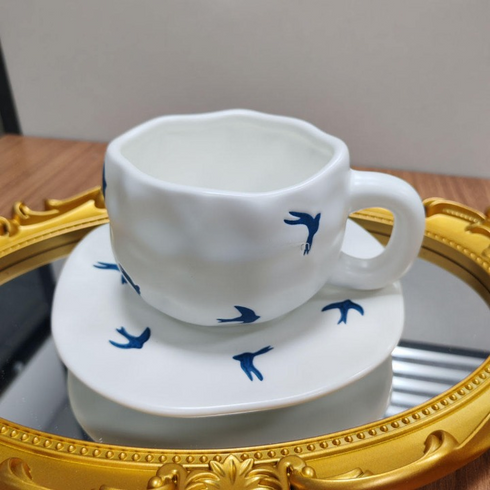 Japanese Style Ceramic Coffee Mug with Saucer – 300ml Handmade Bird Pattern Tea Cup Set