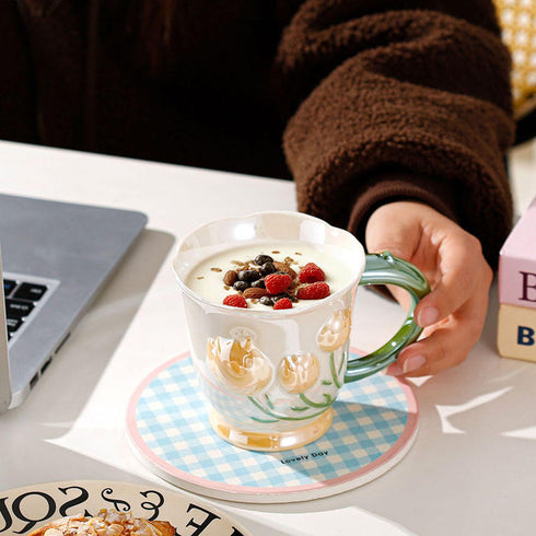 3D Relief Tulip Ceramic Coffee Mug – Elegant Hand-Painted Floral Tea Cup with Scalloped Rim