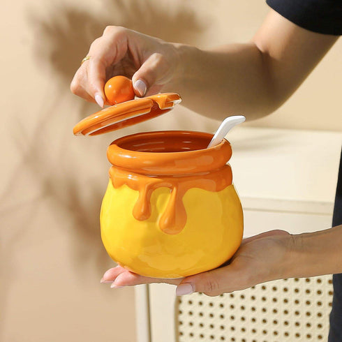 Honey Bear Drip Ceramic Jar - 700ml "Hunny" Pot Sugar Bowl with Lid & Spoon