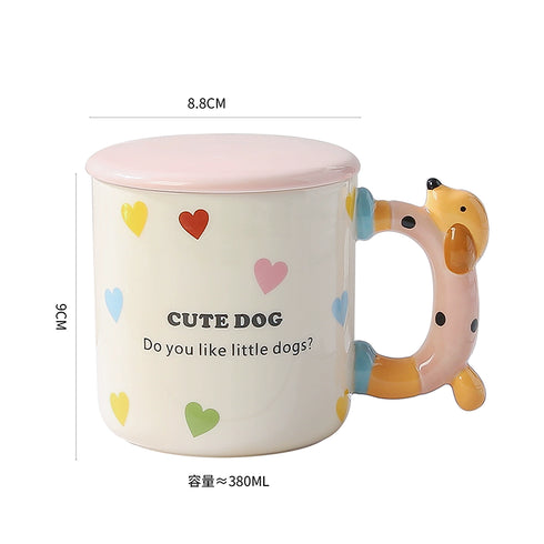 Cute 3D Puppy Ceramic Mug with Lid & 3D Animal Handle – Cartoon Dog Coffee Cup for Animal Lovers