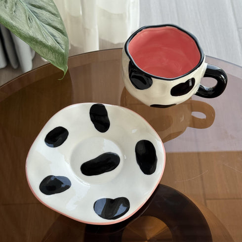 Aesthetic Cow Print Hand-Pinched Ceramic Mug & Saucer Set – Pink Interior