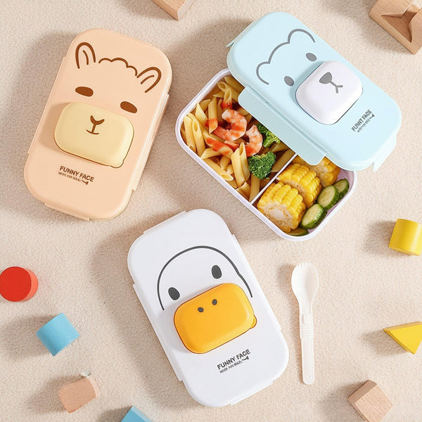 Cute Animal Bento Lunch Box with Sauce Compartment (1100ml) – Leakproof 2-Compartment Kids Food Container with Spoon