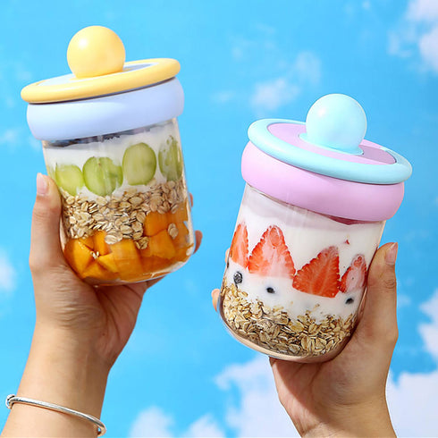 Portable Overnight Oats Jars with Spoon & Handle – 500ml Leakproof Glass Yogurt Parfait Cups