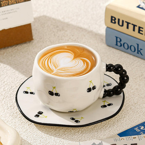Cherry Spiral Handle Ceramic Mug and Saucer Set