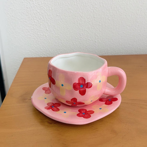 Hand-Painted Irregular Flower Ceramic Coffee Mug and Saucer Set – Pink Floral Aesthetic Tea Cup