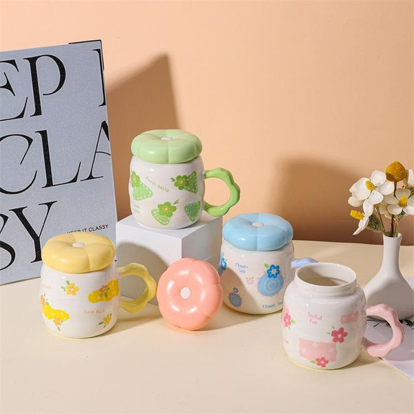 Cute Flower Print Ceramic Mug with Flower-Shaped Lid and Handle | Kawaii Coffee & Tea Cup