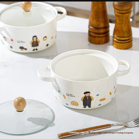 Kawaii Cartoon Ceramic Ramen Bowl with Glass Lid