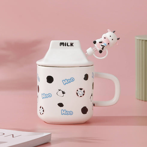 Modern 3D Cow Pattern Ceramic Mug with Lid and Glass Straw