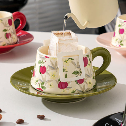 French Vintage Floral Ceramic Coffee Cup and Saucer Set