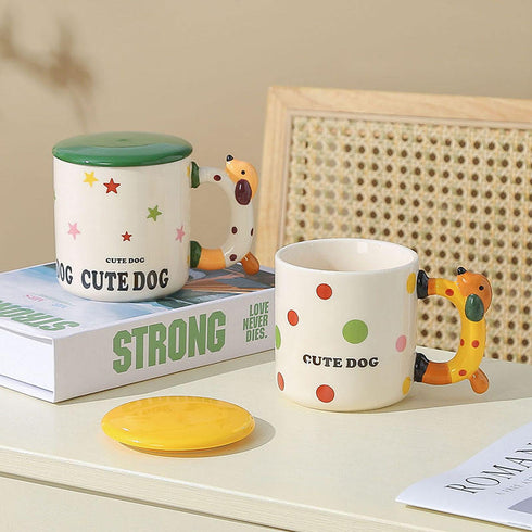 Cute 3D Puppy Ceramic Mug with Lid & 3D Animal Handle – Cartoon Dog Coffee Cup for Animal Lovers