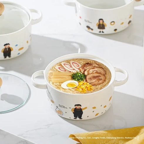 Kawaii Cartoon Ceramic Ramen Bowl with Glass Lid
