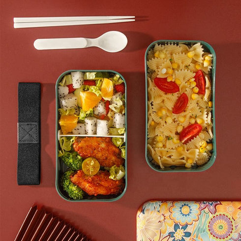 Japanese Bento Box – 2-Tier Stackable Lunch Box with Adjustable Divider, Elastic Strap & Airtight Floral Lid | Leakproof, Microwave Safe Eco-Friendly Food Container (1200ml)