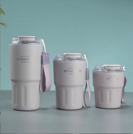 SITARAYURI 600ml Insulated Stainless Steel Travel Coffee Tumbler with Straw & Carrying Strap