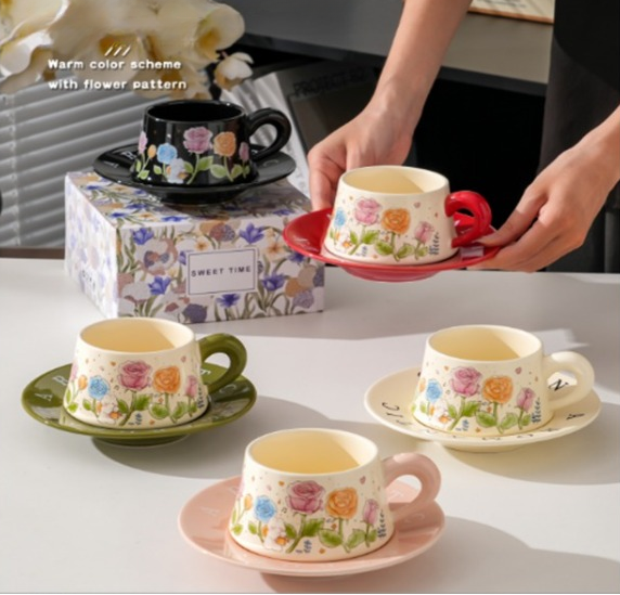 Vintage Floral Ceramic Coffee Cup and Saucer Set with Decorative Gift Box
