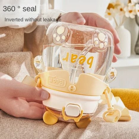Kawaii Bear Water Bottle with Straw & Strap - 1000ml BPA-Free Big Belly Bottle for Kids & School