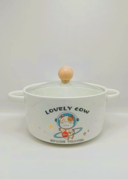 Lovely Cow Ceramic Ramen Bowl with Glass Lid