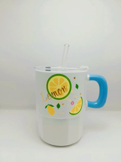 Kawaii Fruit Tumbler – Ceramic Mug with Lid & Glass Straw